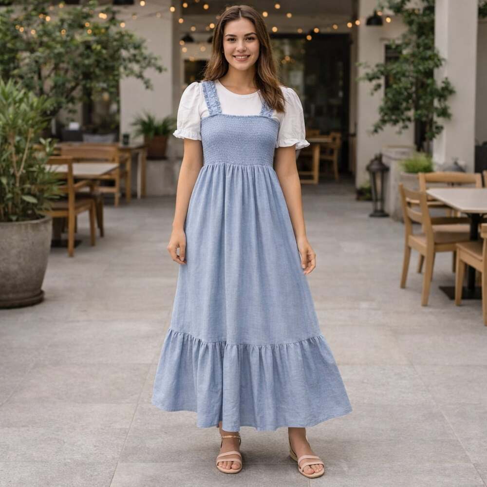 Bohme Light Blue Smocked Maxi Dress Ruffle Straps Cottagecore Size S - Picture 2 of 13